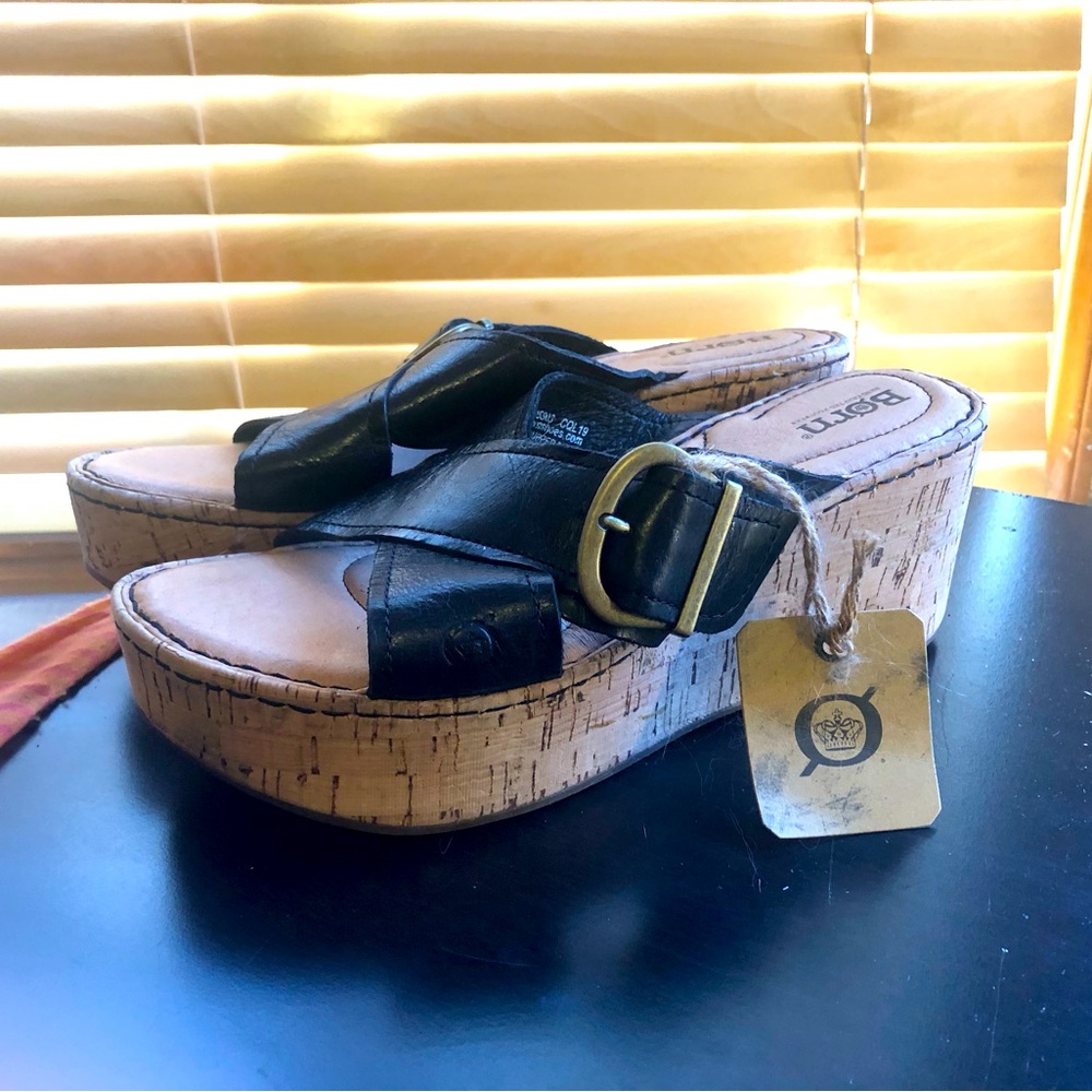 BOC - Black Leather Buckle Strap Wedges